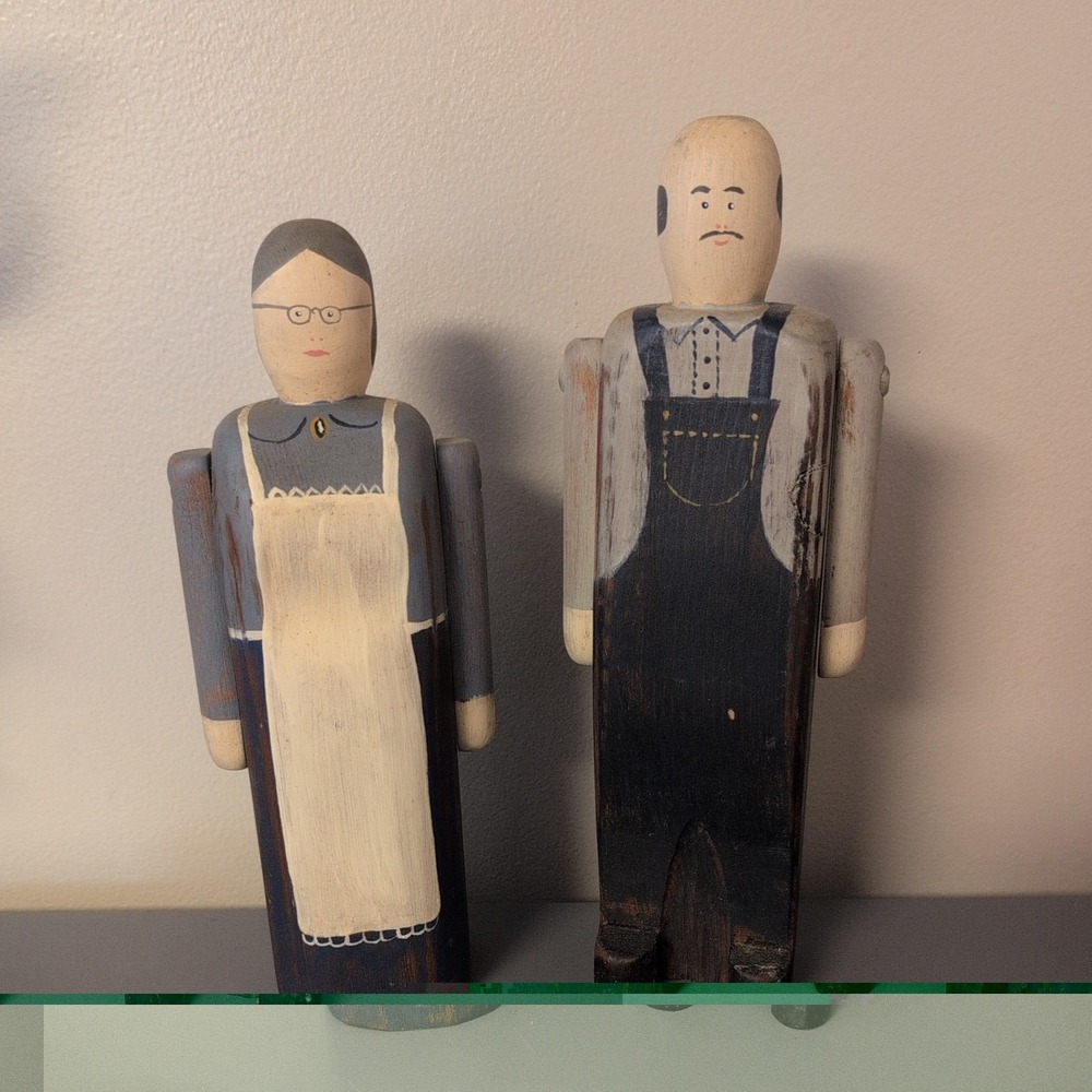 2 pc-Vintage Beaver Creek Wood Folk Art American Primitive Figures Farmer & Wife